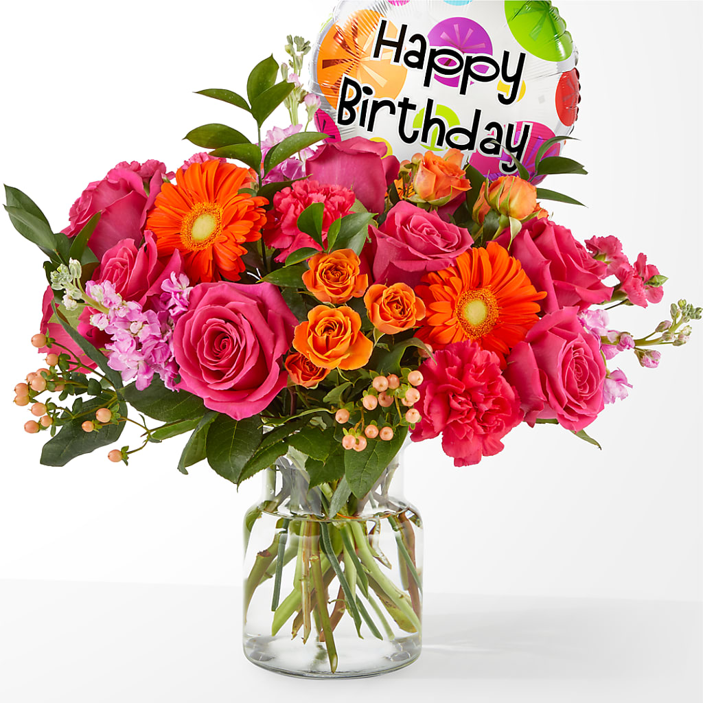Fiesta Bouquet with Birthday Balloon – CAAN FLORAL & GREENHOUSES LLC, Sheboygan WI