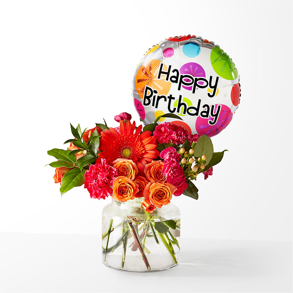 Fiesta Bouquet with Birthday Balloon – CAAN FLORAL & GREENHOUSES LLC, Sheboygan WI