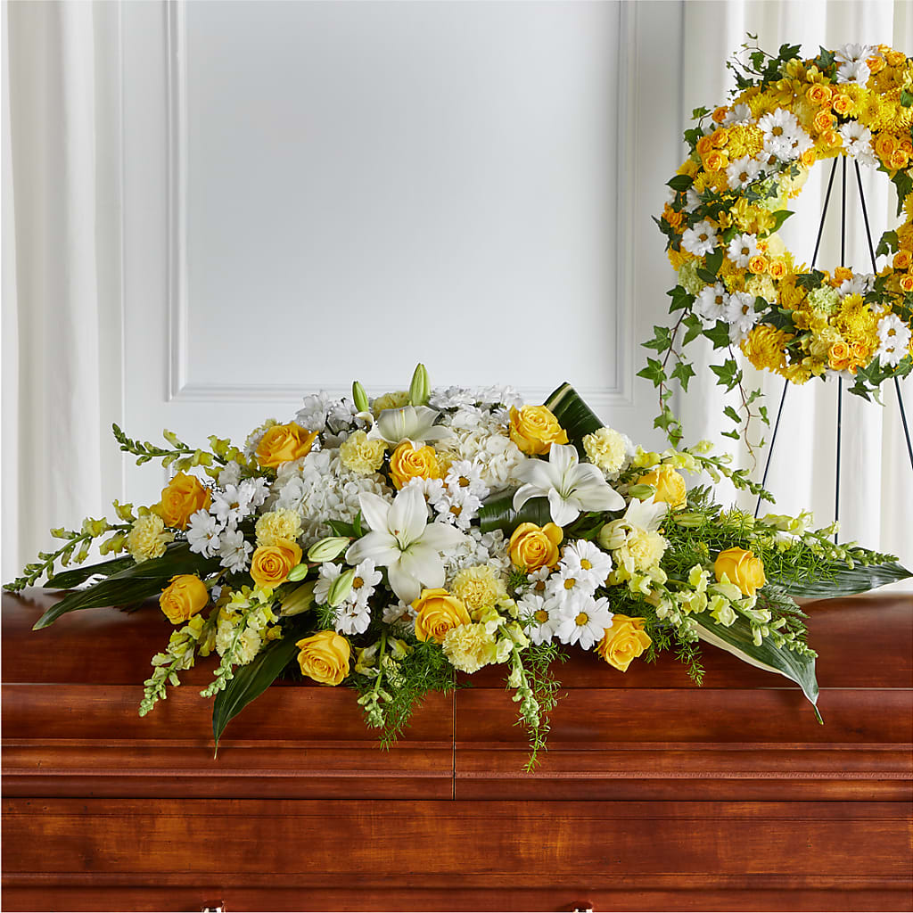 Golden Harmony Casket Spray – CAAN FLORAL & GREENHOUSES LLC, Sheboygan WI