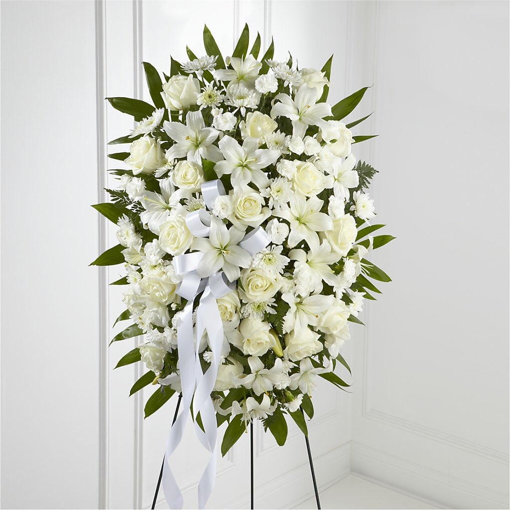 Exquisite Tribute Standing Spray-White Ribbon – CAAN FLORAL & GREENHOUSES LLC, Sheboygan WI