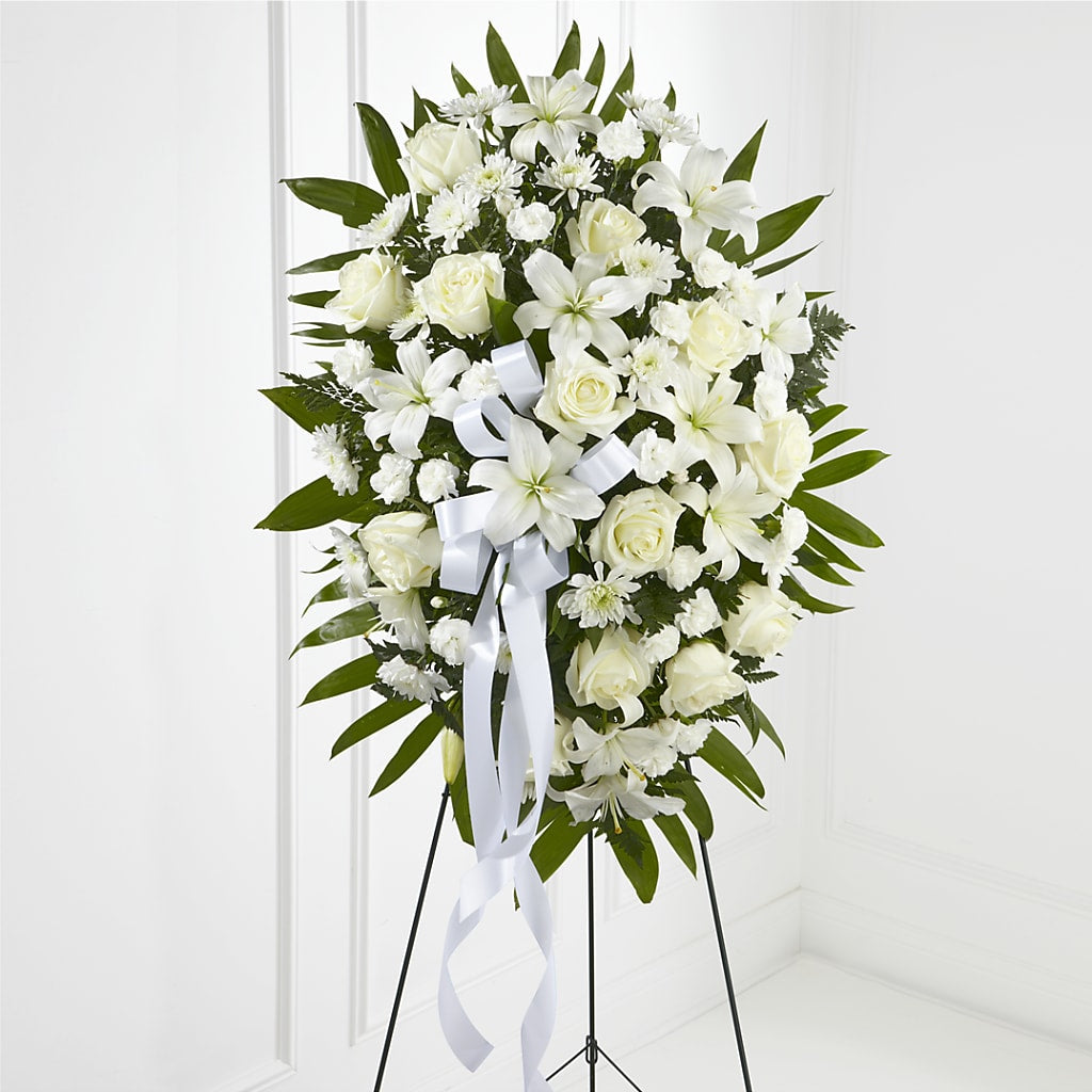 Exquisite Tribute Standing Spray-White Ribbon – CAAN FLORAL & GREENHOUSES LLC, Sheboygan WI